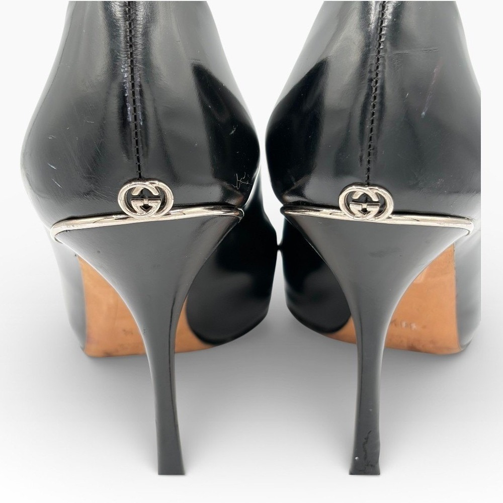 Gucci‎ Interlocking GG Logo Sz 38.5 Classic Black Patent Leather Stiletto Heels - Picture 5 of 9
